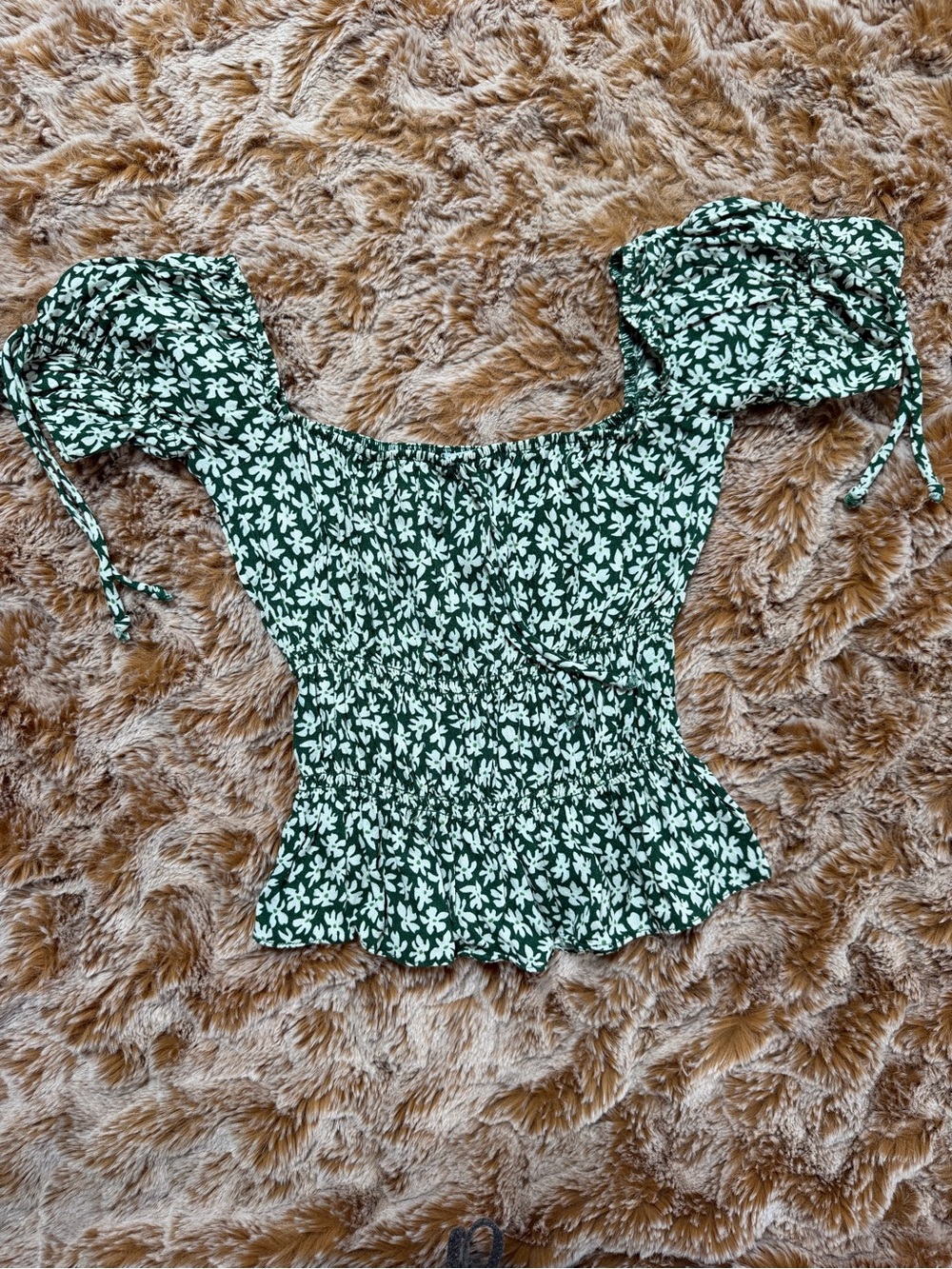 Reformation Green Floral Puff-Sleeve Smocked Top